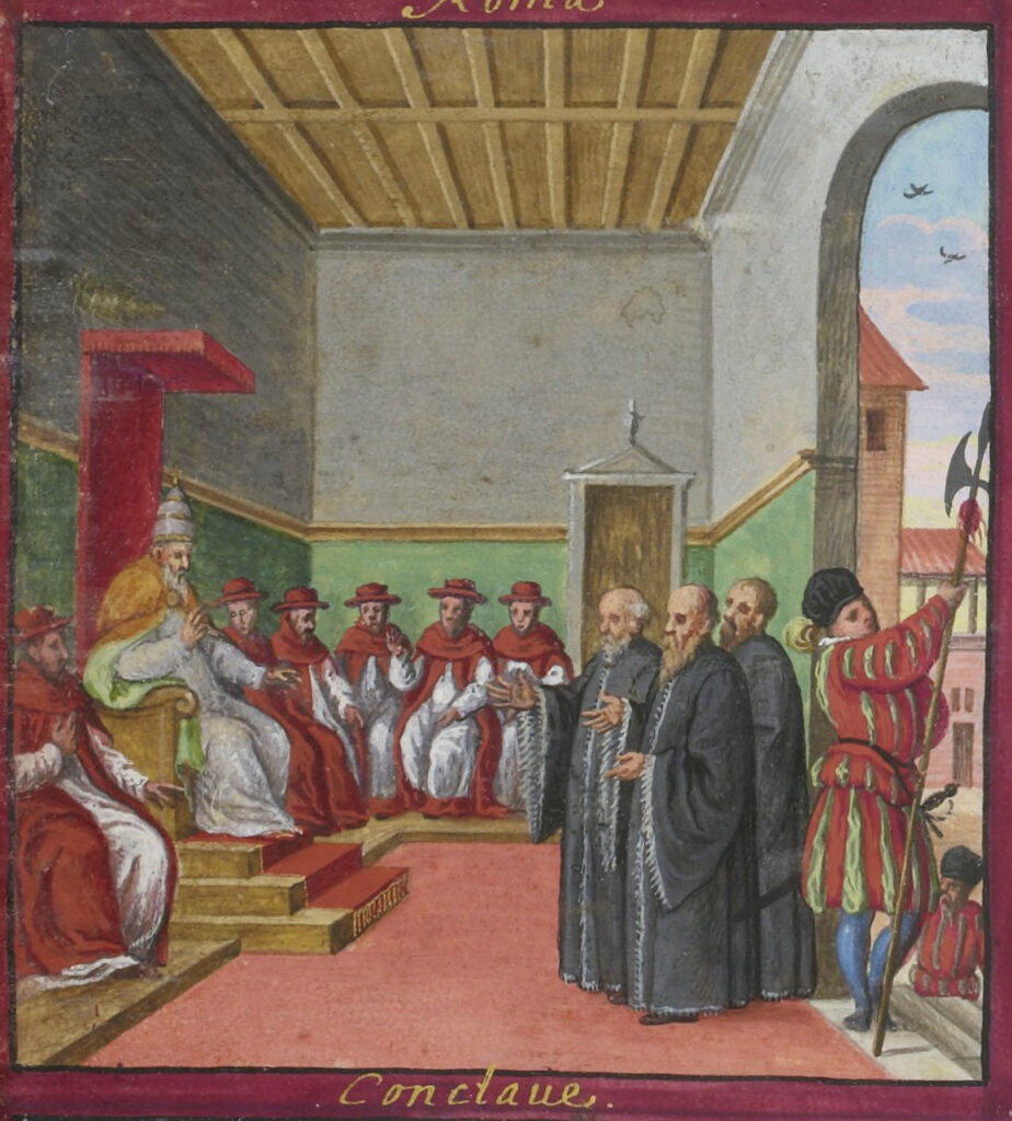 The conclave of Pius V, with Swiss Guard guarding the entrance, Codex Maggi, 1578. Public domain.