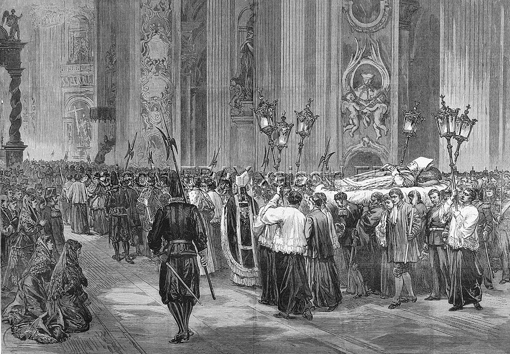 Engraving depicting the papal funeral of Pope Pius IX. Public domain. Engraving depicting the papal funeral of Pope Pius IX. Public domain.