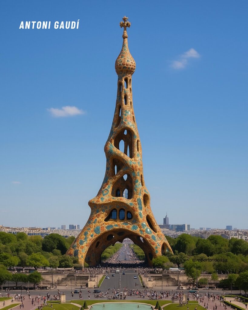 AI-reimagined Eiffel Tower in Antoni Gaudí's organic, nature-inspired style, featuring flowing curves and textured surfaces. AI art. AI-reimagined Eiffel Tower in Antoni Gaudí's organic, nature-inspired style, featuring flowing curves and textured surfaces. AI art.