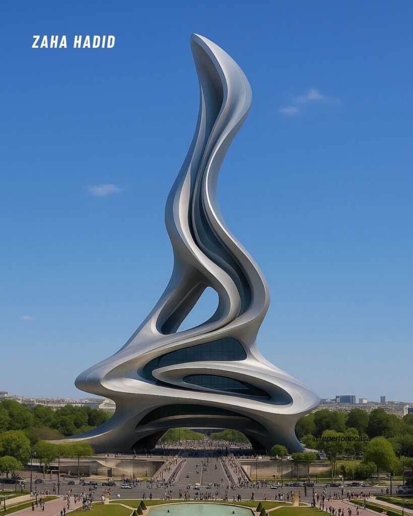 AI-reimagined Eiffel Tower in Zaha Hadid's futuristic parametric style, with fluid lines and dynamic forms. AI art. AI-reimagined Eiffel Tower in Zaha Hadid's futuristic parametric style, with fluid lines and dynamic forms. AI art.
