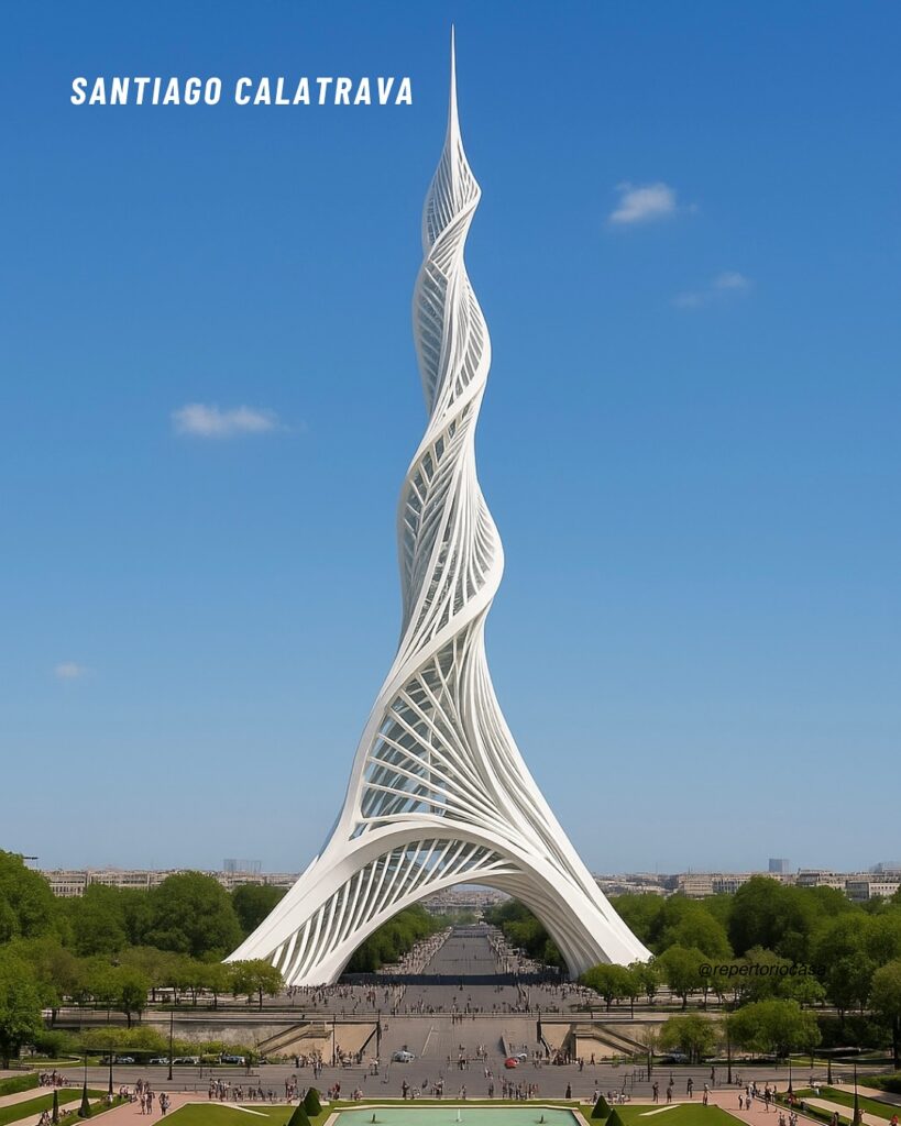 AI-reimagined Eiffel Tower in Santiago Calatrava's sculptural, engineering-focused style, with white, skeletal forms. AI art. AI-reimagined Eiffel Tower in Santiago Calatrava's sculptural, engineering-focused style, with white, skeletal forms. AI art.
