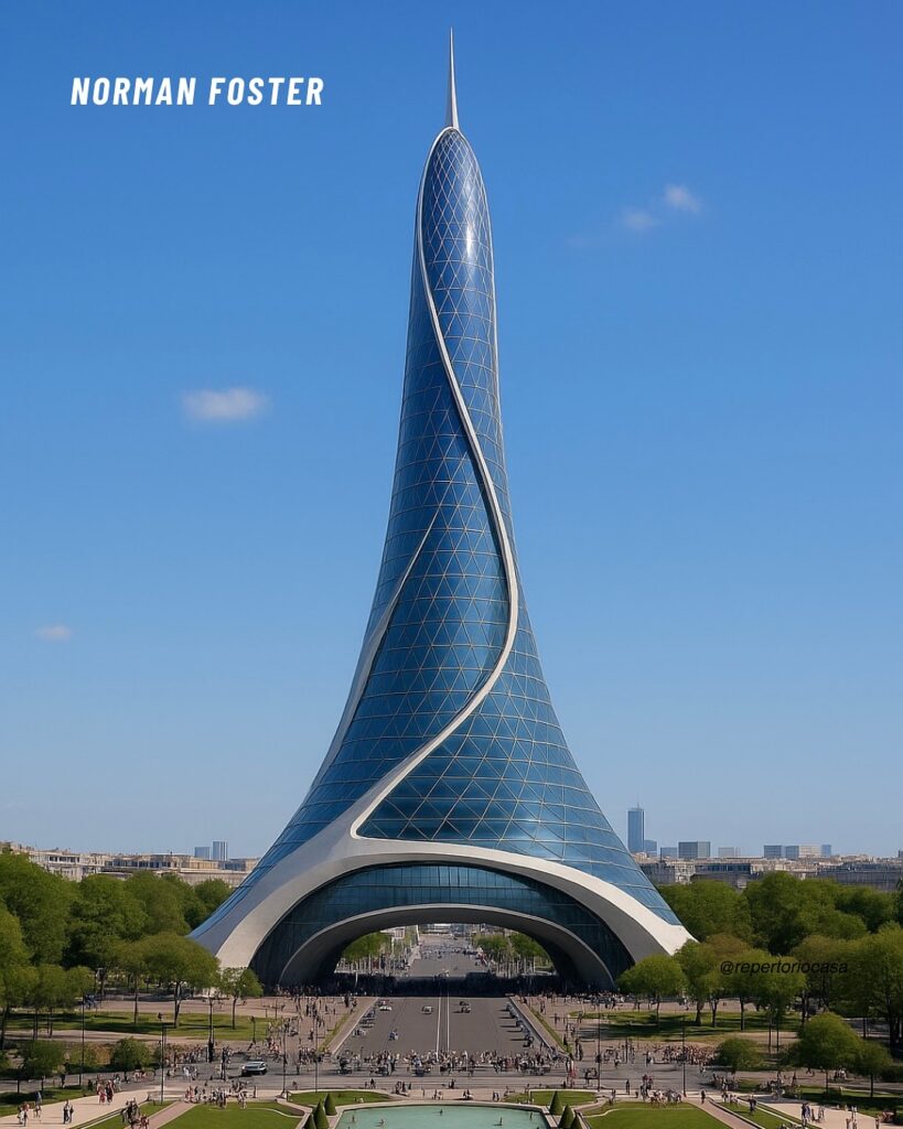 AI-reimagined Eiffel Tower in Norman Foster's high-tech modernist style, showcasing sleek lines and structural expression. AI art. AI-reimagined Eiffel Tower in Norman Foster's high-tech modernist style, showcasing sleek lines and structural expression. AI art.