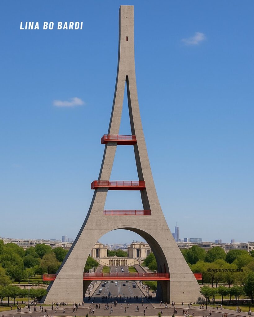 AI-reimagined Eiffel Tower in Lina Bo Bardi's bold modernist style, potentially incorporating concrete and strong forms. AI art. AI-reimagined Eiffel Tower in Lina Bo Bardi's bold modernist style, potentially incorporating concrete and strong forms. AI art.
