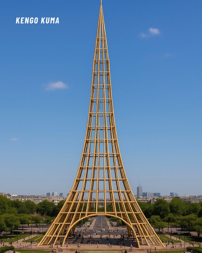 AI-reimagined Eiffel Tower in Kengo Kuma's style, featuring intricate woodcraft and harmony with nature. AI art. AI-reimagined Eiffel Tower in Kengo Kuma's style, featuring intricate woodcraft and harmony with nature. AI art.