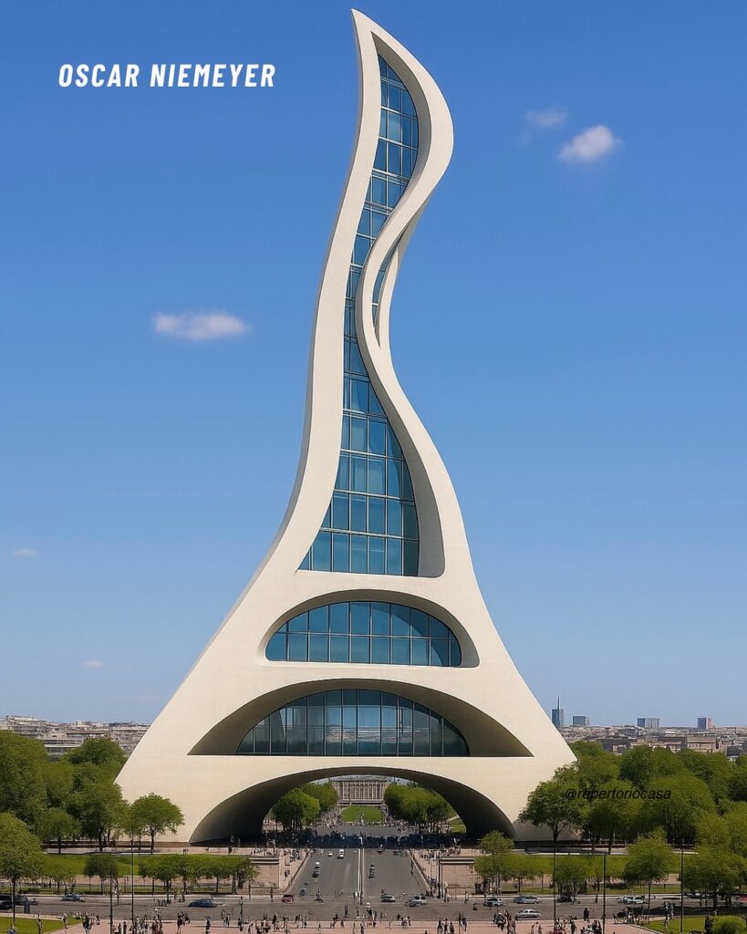 AI-reimagined Eiffel Tower in Oscar Niemeyer's signature style of sweeping concrete curves and sculptural forms. AI art. AI-reimagined Eiffel Tower in Oscar Niemeyer's signature style of sweeping concrete curves and sculptural forms. AI art.