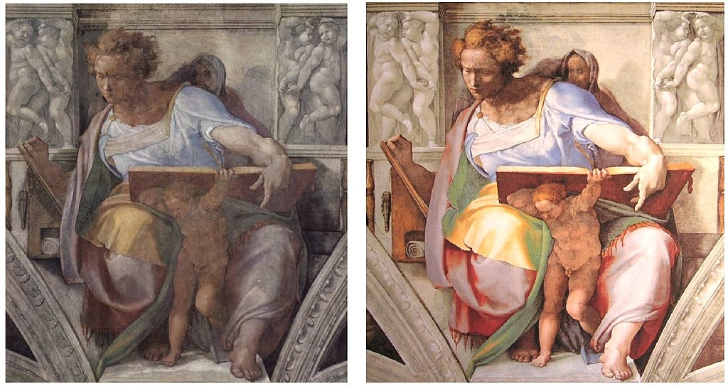 Sistine Chapel, the prophet Daniel before and after restoration. Public domain. Sistine Chapel, the prophet Daniel before and after restoration. Public domain.