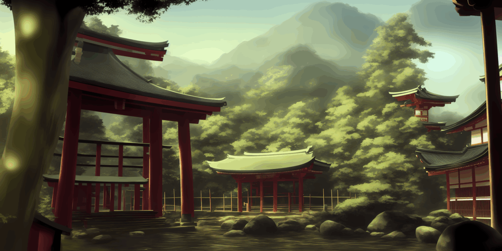 Hakurei Shrine in distance, Gensokyo, nature landscape, landscape art, far view from distance, traditional Japanese architecture in distance, Shinto shrine in distance, forests, mountains, rivers, art style of Craig Mullins and Jordan Grimmer and Tyler Edlin and Darek Zabrocki and Raphael Lacoste. Hakurei Shrine in distance, Gensokyo, nature landscape, landscape art, far view from distance, traditional Japanese architecture in distance, Shinto shrine in distance, forests, mountains, rivers, art style of Craig Mullins and Jordan Grimmer and Tyler Edlin and Darek Zabrocki and Raphael Lacoste.