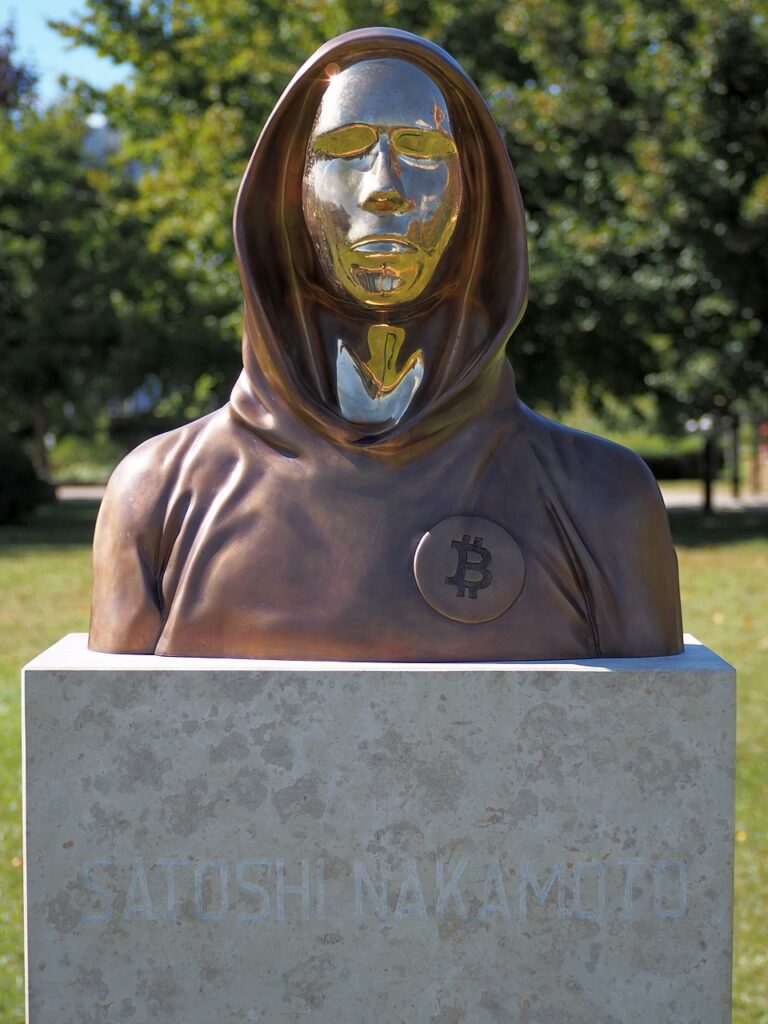 Bust of Satoshi Nakamoto, creator of bitcoin, erected in the Graphisoft Park in Budapest. The statue made of bronze and aluminum alloy by Tamás Gilly and Réka Gergely was inaugurated on September 16, 2021 at the initiative of the Hungarian Crypto Academy. Photo by Fekist. Bust of Satoshi Nakamoto, creator of bitcoin, erected in the Graphisoft Park in Budapest. The statue made of bronze and aluminum alloy by Tamás Gilly and Réka Gergely was inaugurated on September 16, 2021 at the initiative of the Hungarian Crypto Academy. Photo by Fekist.