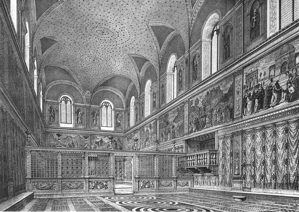A reconstruction of the appearance of the west Wall chapel in the 1480s, prior to the painting of the ceiling. Public domain. A reconstruction of the appearance of the west Wall chapel in the 1480s, prior to the painting of the ceiling. Public domain.