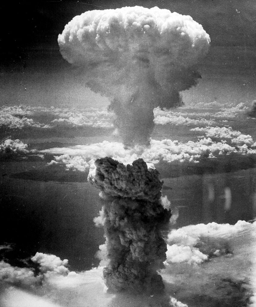 Mushroom cloud above Nagasaki after atomic bombing on August 9, 1945. Taken from the north west. Public domain. Mushroom cloud above Nagasaki after atomic bombing on August 9, 1945. Taken from the north west. Public domain.