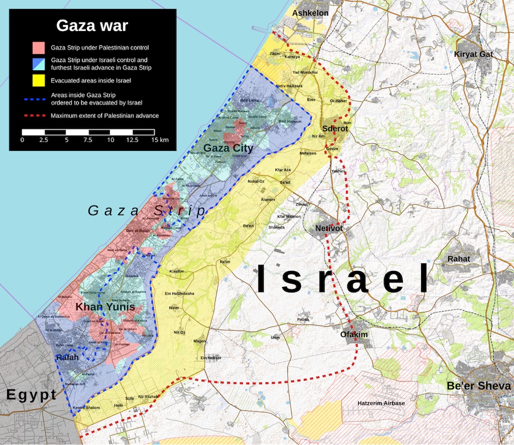 Map of the Gaza war in Gaza and southern Israel. Photo by Ecrusized. Map of the Gaza war in Gaza and southern Israel. Photo by Ecrusized.
