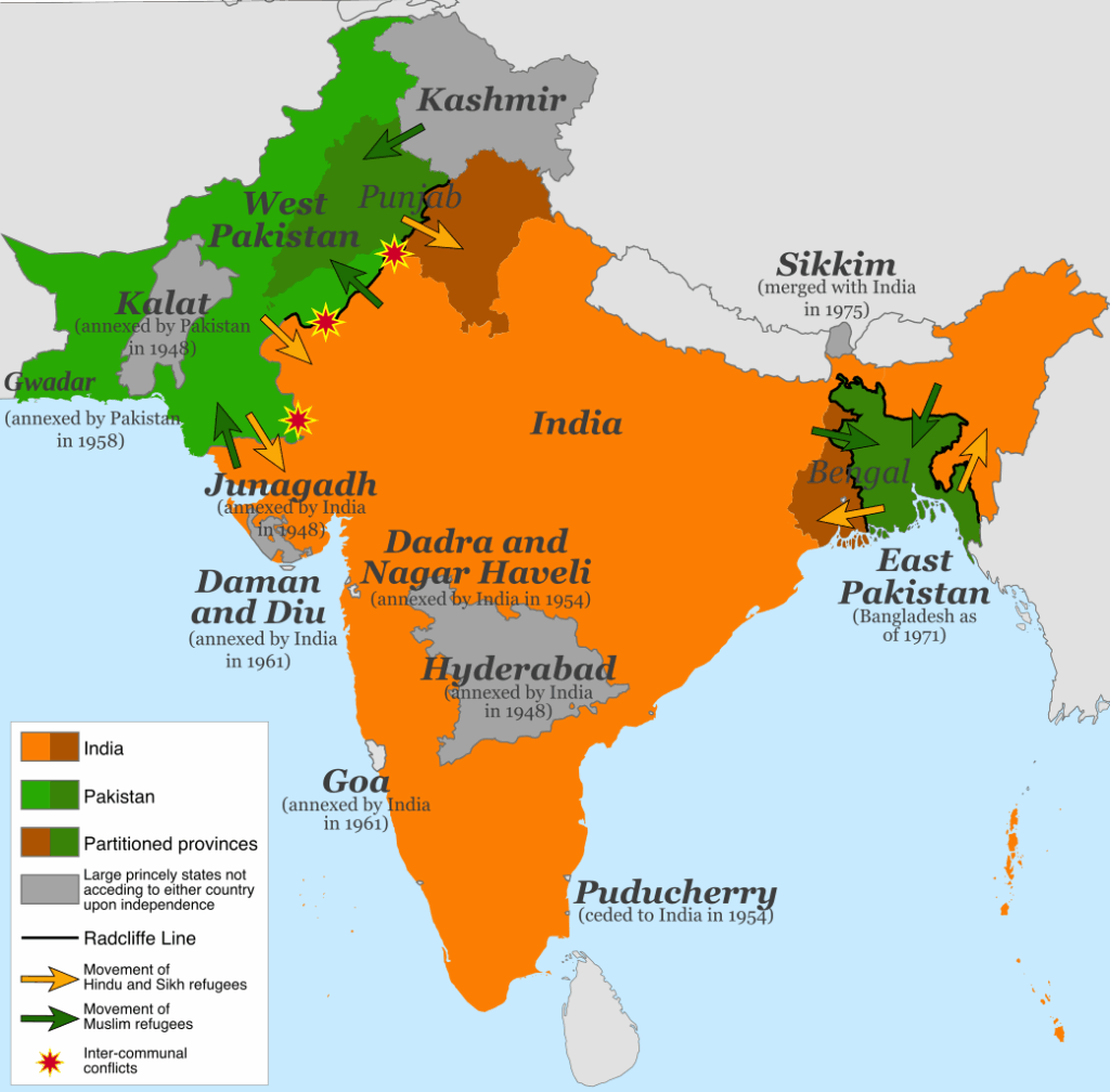 The partition of India: green regions were all part of Pakistan by 1948, and orange ones part of India. Photo by Jordi Escarre. The partition of India: green regions were all part of Pakistan by 1948, and orange ones part of India. Photo by Jordi Escarre.