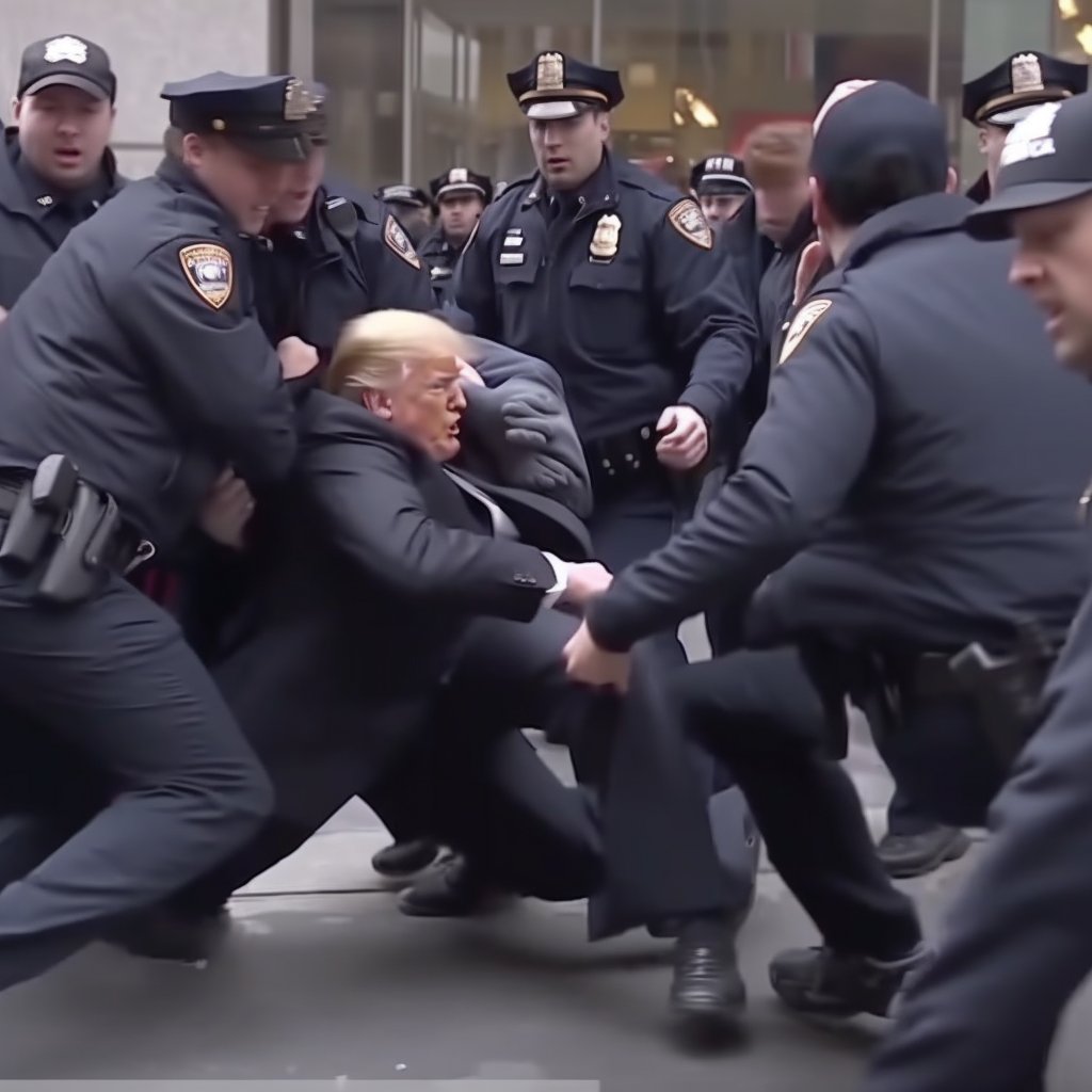 A fake Midjourney-created image of Donald Trump being arrested. A clear example of misusing AI to generate misleading or deceptive content. Public domain. A fake Midjourney-created image of Donald Trump being arrested. A clear example of misusing AI to generate misleading or deceptive content. Public domain.