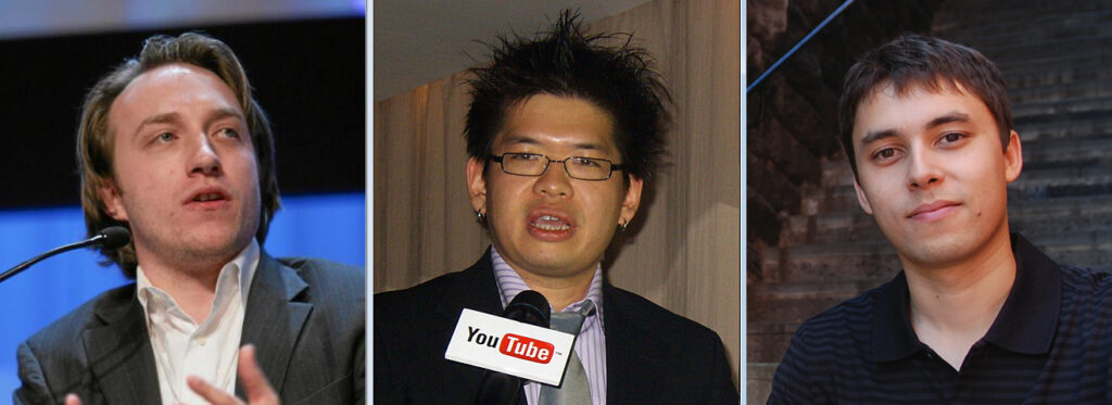 Composite image of YouTube's founders; from left to right: Chad Hurley, Steve Chen, and Jawed Karim. Photo by Ianmacm. Composite image of YouTube's founders; from left to right: Chad Hurley, Steve Chen, and Jawed Karim. Photo by Ianmacm.