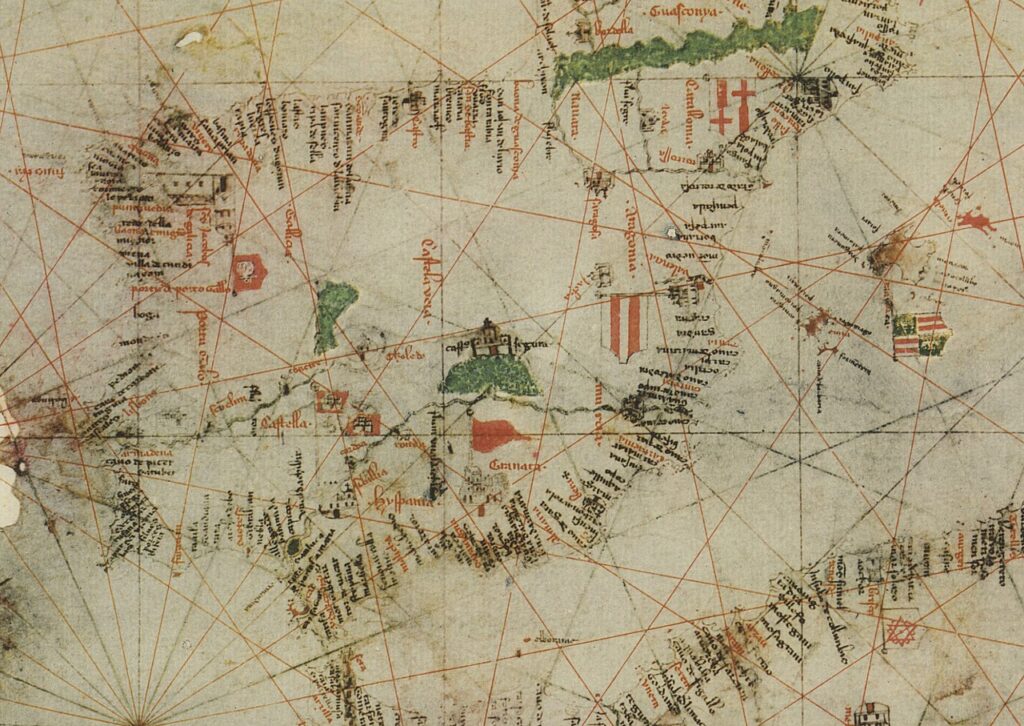Medieval portolan map section by Angelino Dulcert (circa 1325) showing the Iberian Peninsula and surrounding areas, exemplifying early cartographic depictions relevant to mythical islands like Brazil. Public domain. Medieval portolan map section by Angelino Dulcert (circa 1325) showing the Iberian Peninsula and surrounding areas, exemplifying early cartographic depictions relevant to mythical islands like Brazil. Public domain.
