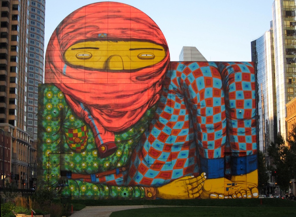 Mural by the Brazilian artist duo Os Gêmeos (twins Otávio and Gustavo Pandolfo) spray painted on a 25-metre wide wall on the occasion of their exhibition at the ICA in Boston. Photo by Bosc d'Anjou. Mural by the Brazilian artist duo Os Gêmeos (twins Otávio and Gustavo Pandolfo) spray painted on a 25-metre wide wall on the occasion of their exhibition at the ICA in Boston. Photo by Bosc d'Anjou.