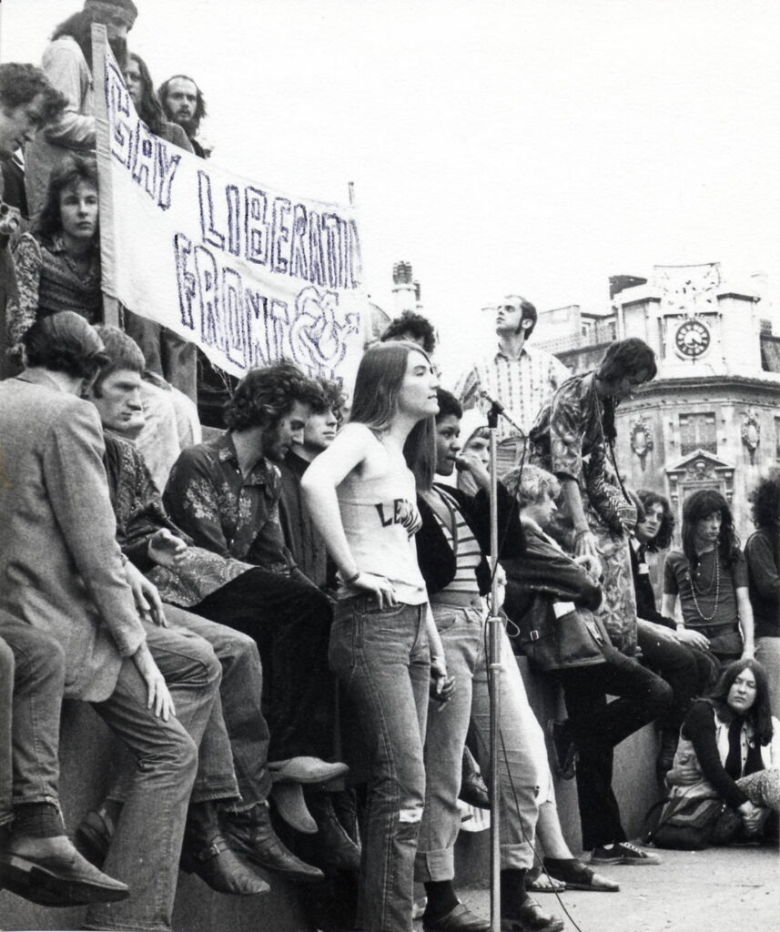 Gay rights demonstration in Trafalgar Square, London, including members of the Gay Liberation Front (GLF). The GLF in the UK held its first meeting in a basement classroom at the London School of Economics on October 13, 1970. The organization was very informal, instituting marches and other activities, leading to the first British Gay Pride March in 1972. Public domain. Gay rights demonstration in Trafalgar Square, London, including members of the Gay Liberation Front (GLF). The GLF in the UK held its first meeting in a basement classroom at the London School of Economics on October 13, 1970. The organization was very informal, instituting marches and other activities, leading to the first British Gay Pride March in 1972. Public domain.