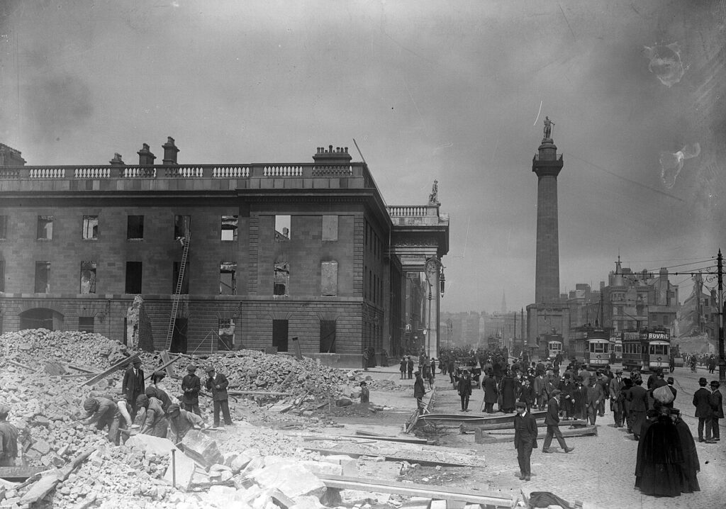The shell of the G.P.O. on Sackville Street (later O'Connell Street), Dublin in the aftermath of the 1916 Rising. Public domain. The shell of the G.P.O. on Sackville Street (later O'Connell Street), Dublin in the aftermath of the 1916 Rising. Public domain.