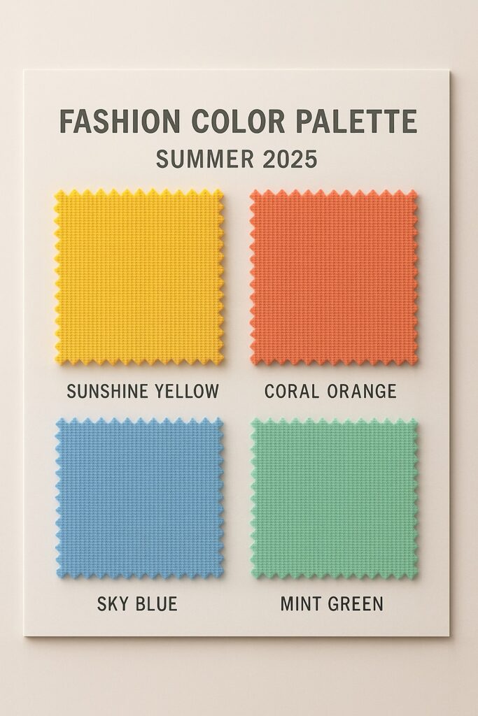 Summer 2025 color palette showcasing trending hues and fabric textures. Summer 2025 color palette showcasing trending hues and fabric textures.