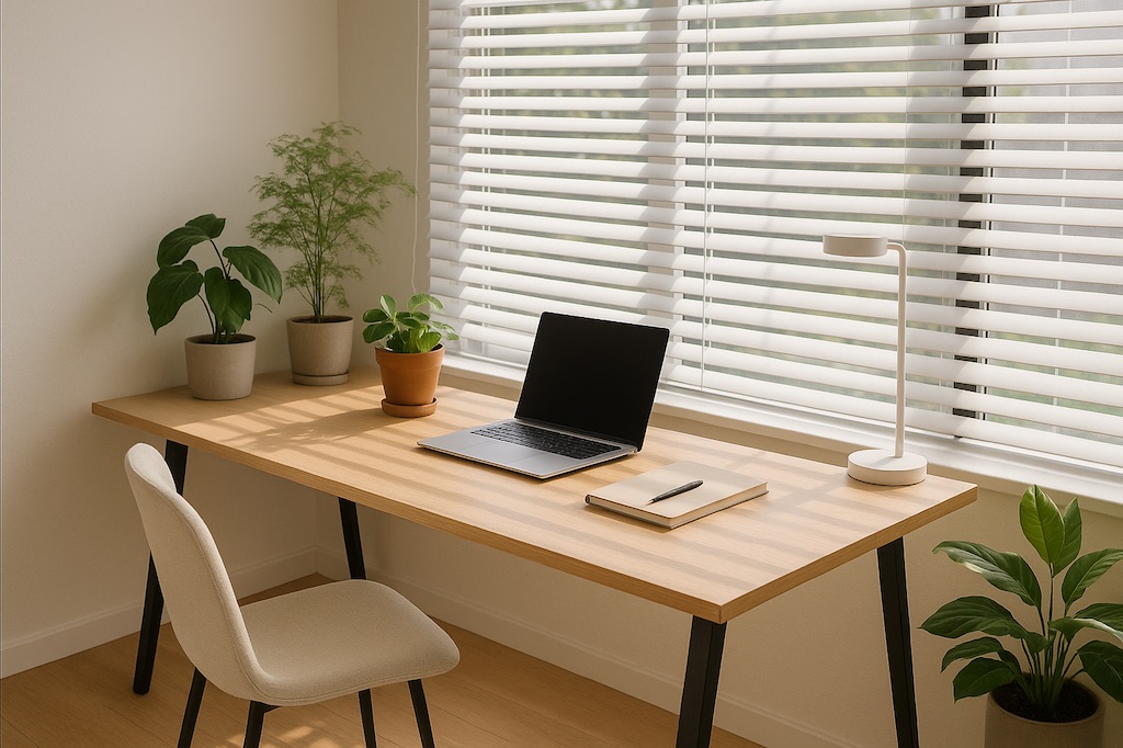 Optimal natural light workspace setup to maximize daylight without glare. Optimal natural light workspace setup to maximize daylight without glare.