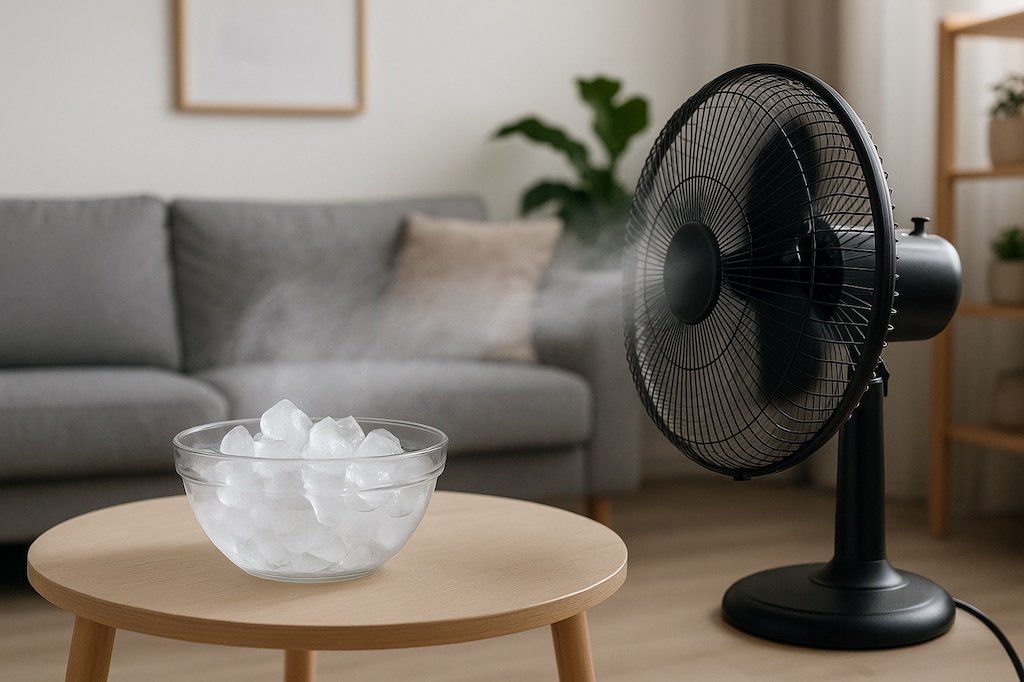 DIY cooling solution using ice in front of a fan. DIY cooling solution using ice in front of a fan.