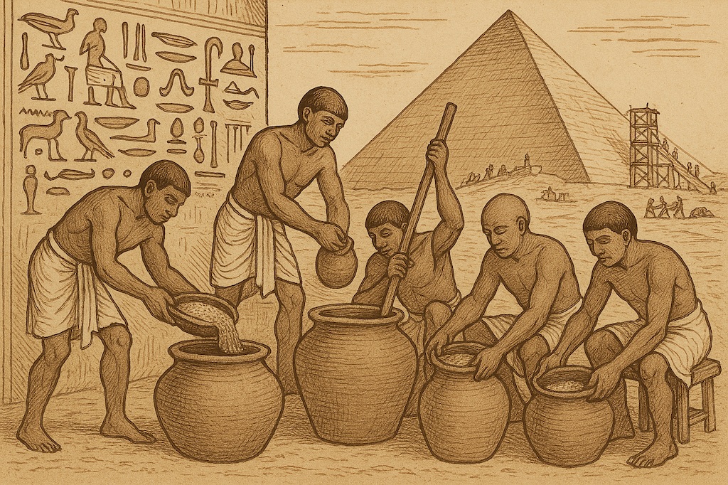 Ancient Egyptian beer brewing scene depicting workers creating beer for pyramid construction. Ancient Egyptian beer brewing scene depicting workers creating beer for pyramid construction.