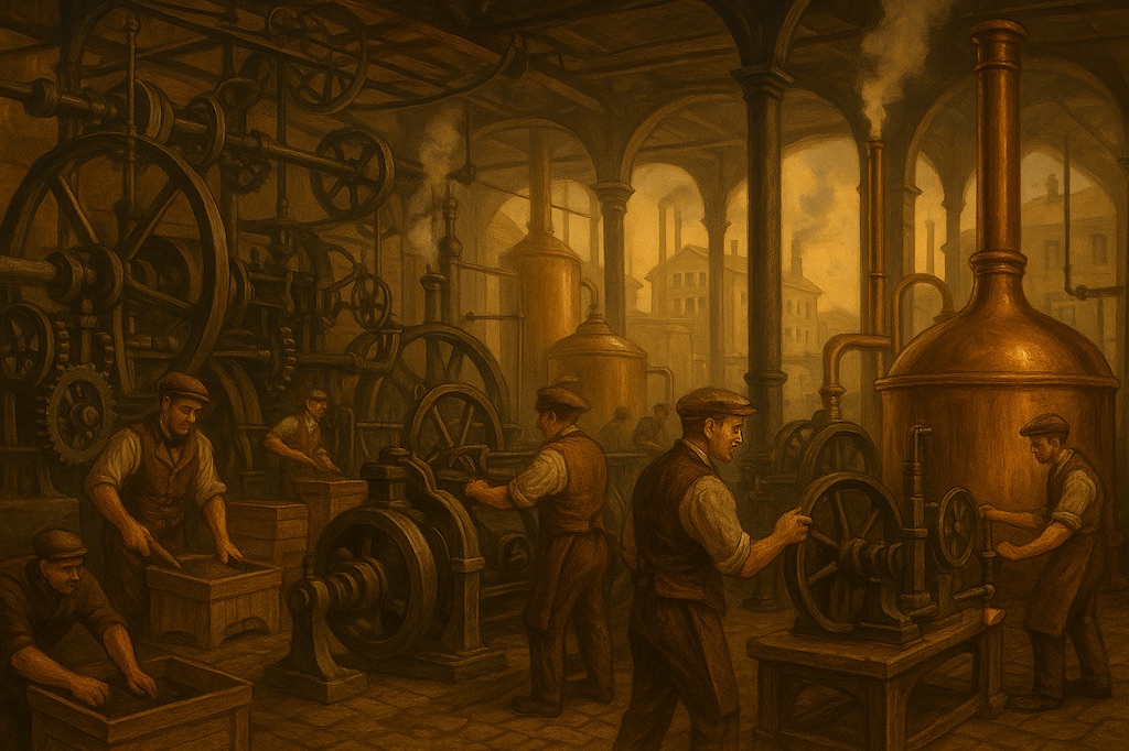 Industrial revolution transforms brewing: steam power and mass production in 19th century breweries. Industrial revolution transforms brewing: steam power and mass production in 19th century breweries.