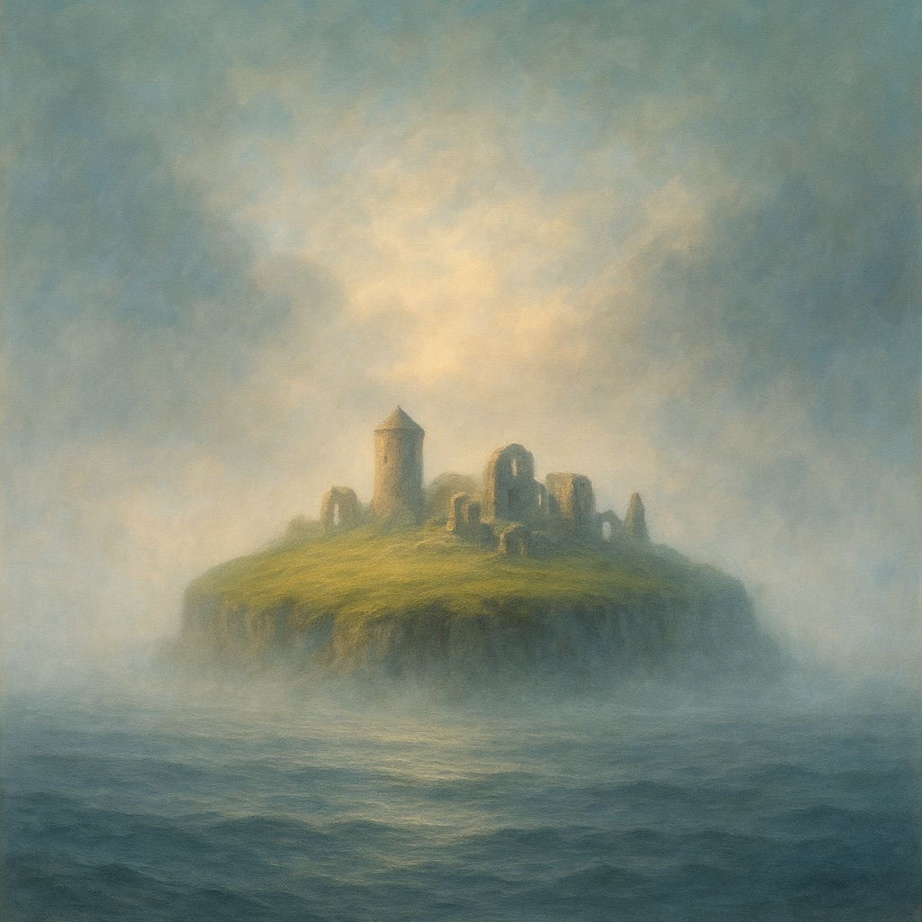 The legendary Hy-Brasil island shrouded in mist as described in Irish folklore. A circular island formation with ancient stone structures emerging from perpetual fog creates a tangible representation of the "island of the blessed" that appeared only once every seven years. The legendary Hy-Brasil island shrouded in mist as described in Irish folklore. A circular island formation with ancient stone structures emerging from perpetual fog creates a tangible representation of the "island of the blessed" that appeared only once every seven years.