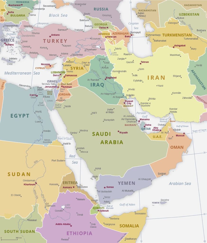Political map of the Middle East, illustrating the geographical context of the Israel-Iran conflict and regional power dynamics. Photo by Geographic Guide. Political map of the Middle East, illustrating the geographical context of the Israel-Iran conflict and regional power dynamics. Photo by Geographic Guide.