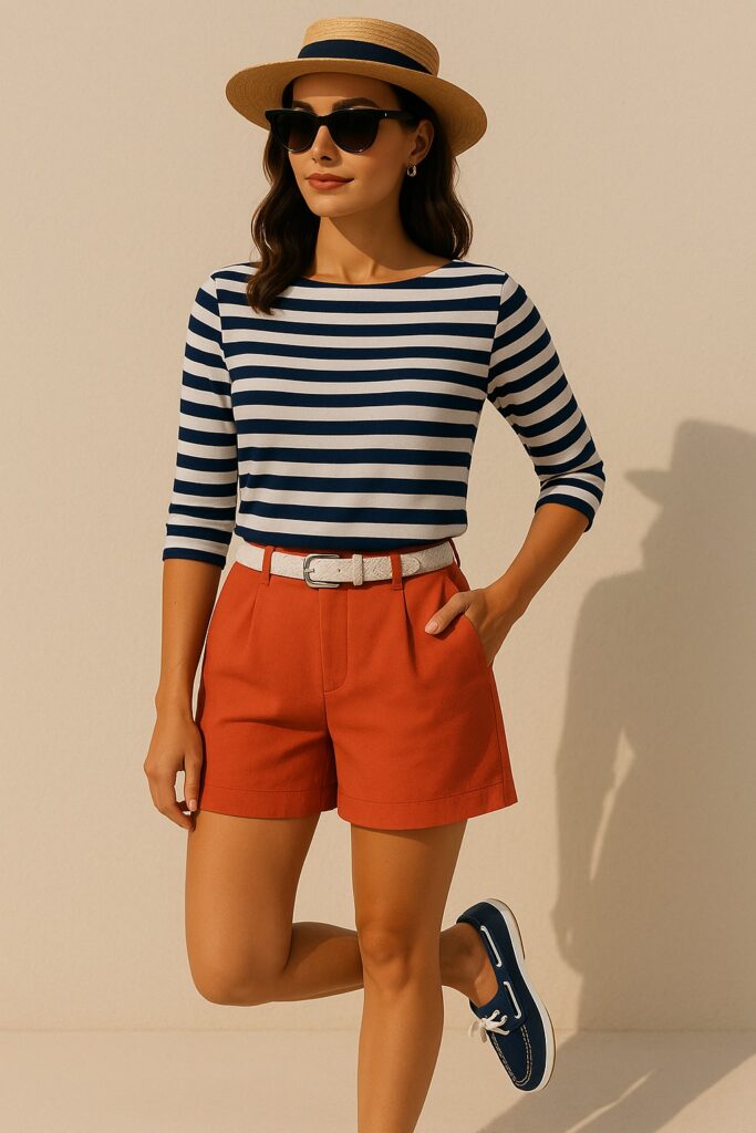 Sailor-core styling featuring navy stripes and maritime-inspired elements for 2025. Sailor-core styling featuring navy stripes and maritime-inspired elements for 2025.