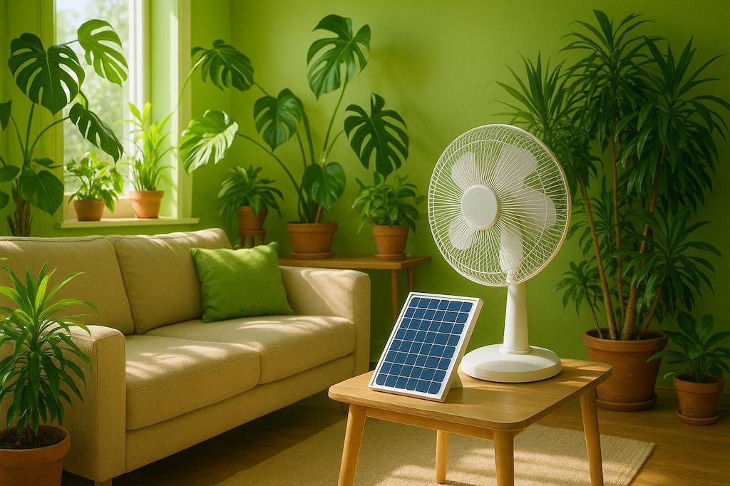 Eco-friendly natural cooling solutions with plants and solar fans. Eco-friendly natural cooling solutions with plants and solar fans.