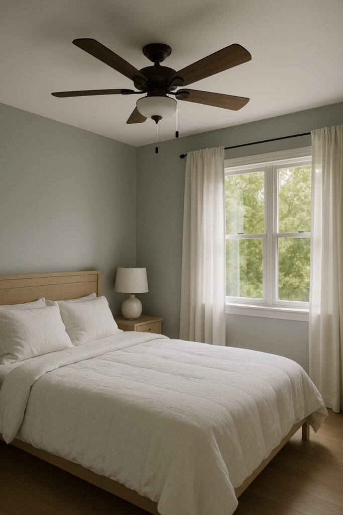 Strategic fan placement in bedroom for optimal cooling. Strategic fan placement in bedroom for optimal cooling.