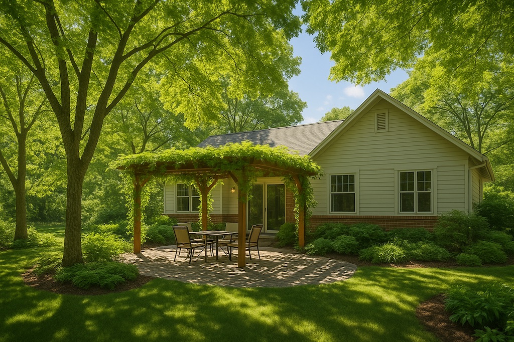 Strategic landscaping with trees and plants to provide natural shade. Strategic landscaping with trees and plants to provide natural shade.