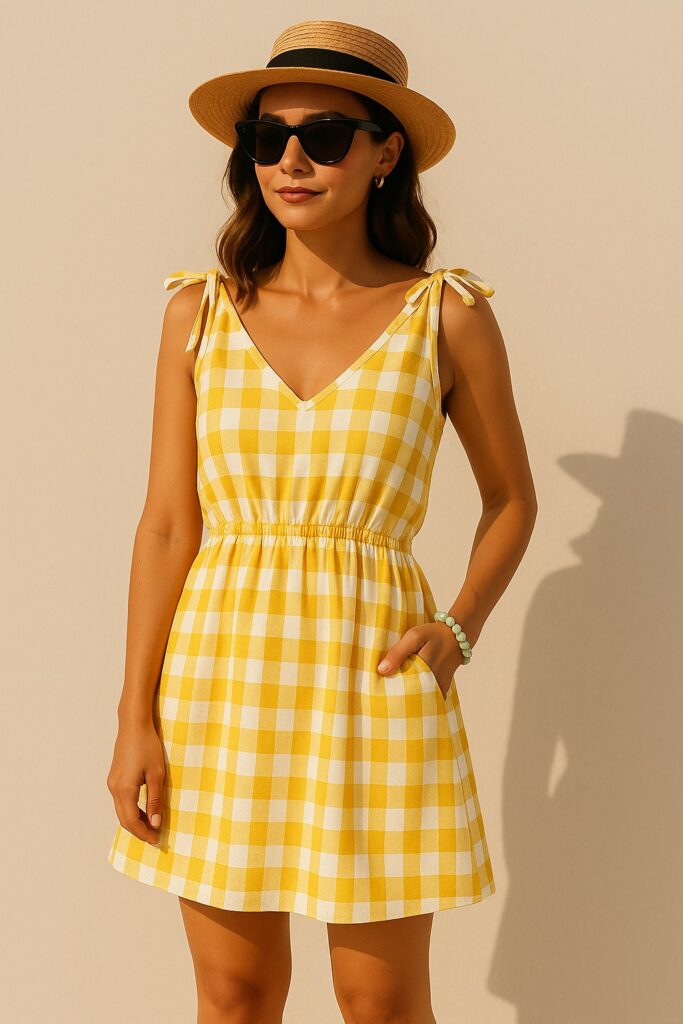 Gingham summer dress showcasing 2025's trending checkered pattern. Gingham summer dress showcasing 2025's trending checkered pattern.