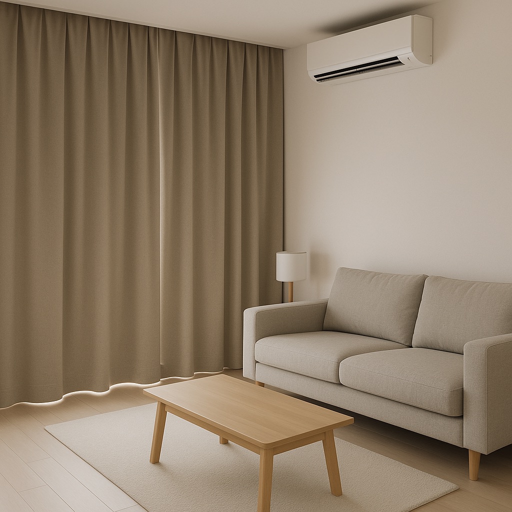 Living room with thermal curtains blocking summer sunlight. Living room with thermal curtains blocking summer sunlight.